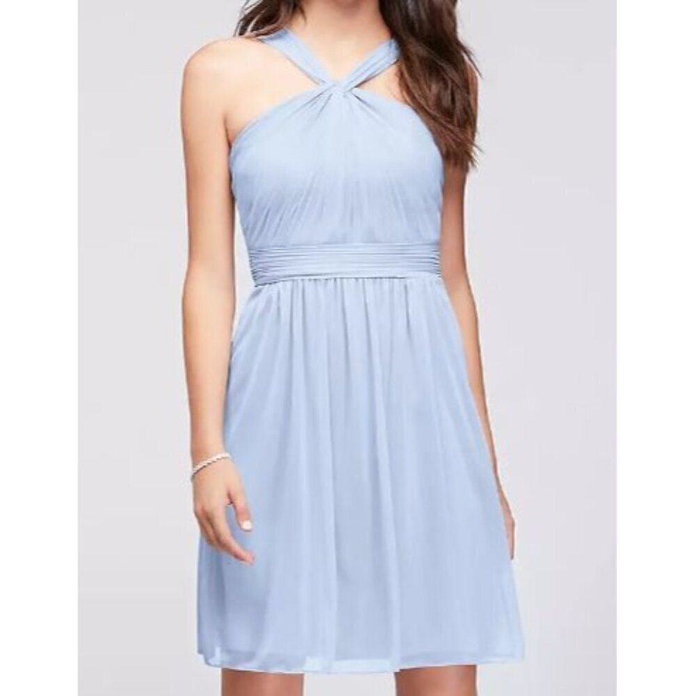 David's Bridal Y Neck Mesh Short Bridesmaid Dress Ice Blue Women's Size 6 EUC